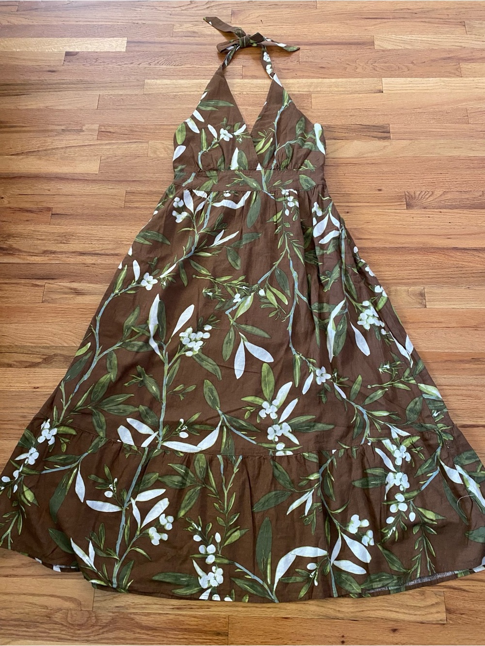 Cynthia Rowley Brown Halter Maxi Dress with Green & White Floral Print